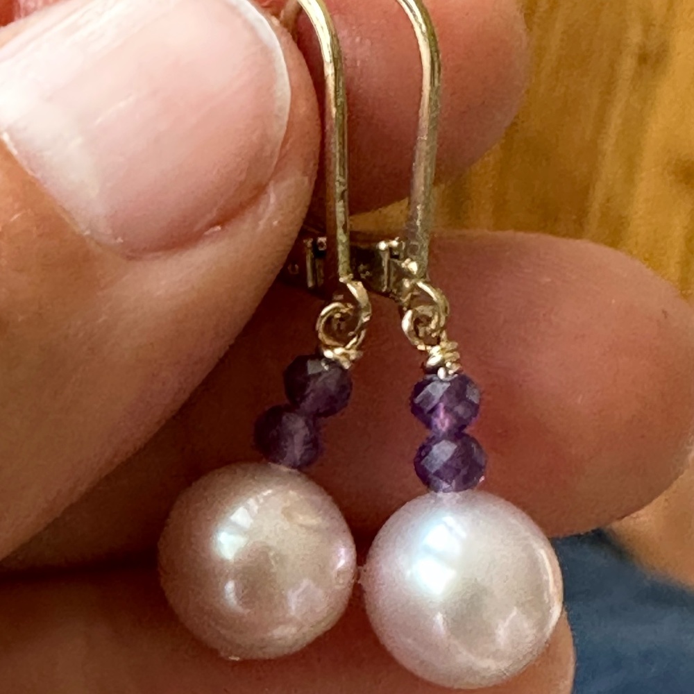 8.5mm✨ Purple Pearl Drop Earrings • Amethyst Dangle Earrings 💜